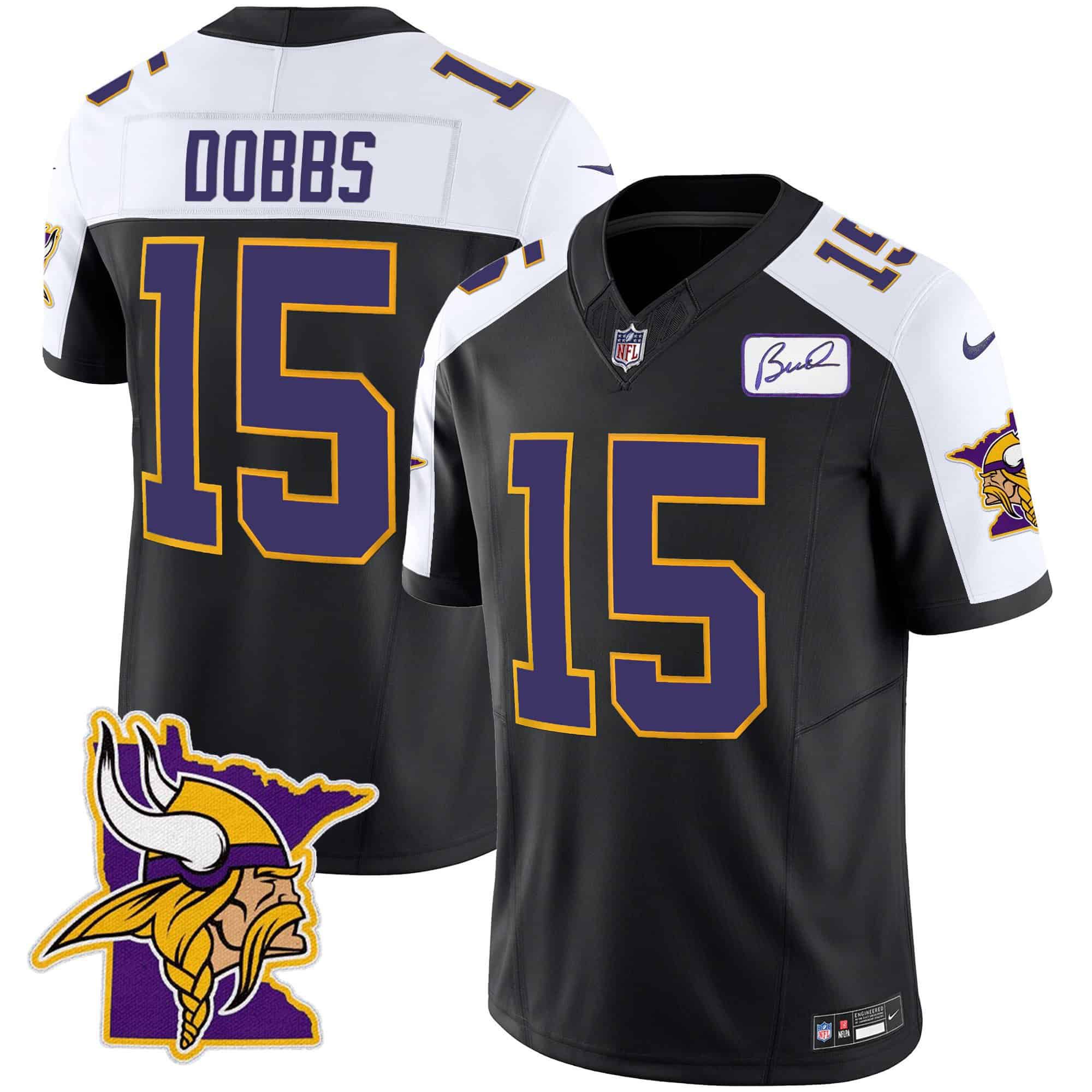 Men Minnesota Vikings 15 Dobbs Black 2024 Nike Patch Classic Limited NFL Jersey